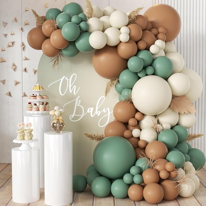 Sage Green Brown White Garland Arch Kit, 155Pcs Latex Balloons Different Sizes 18 12 10 5 inch for Safari Jungle Woodland Birthday Baby Shower Decorations