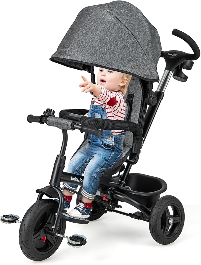 BABY JOY Tricycle, 6 in 1 Trike for Toddler w/Reversible Seat, Adjustable Canopy & Parent Handle, 5-Point Safety Belt, PU Wheels and Storage Basket, Push Tricycle for 9-60 Months (Gray)