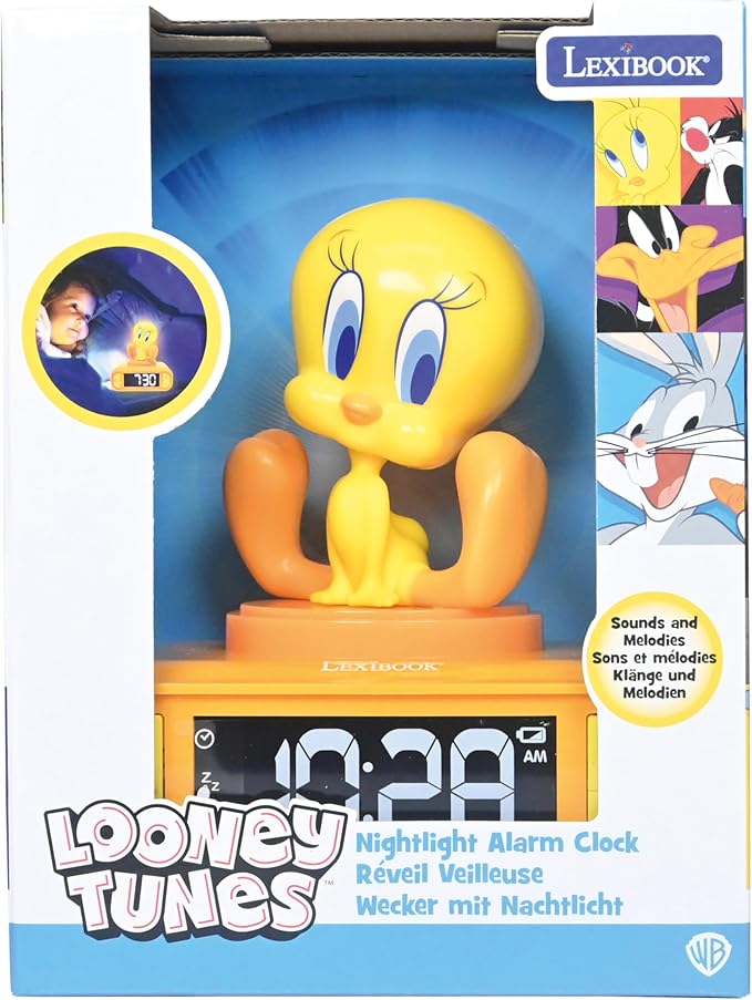 LEXiBOOK, Tweety, Tweety Night Light Alarm Clock, Sounds and Melodies, Backlit LCD Screen, Illuminated, Snooze, Yellow, RL800TW