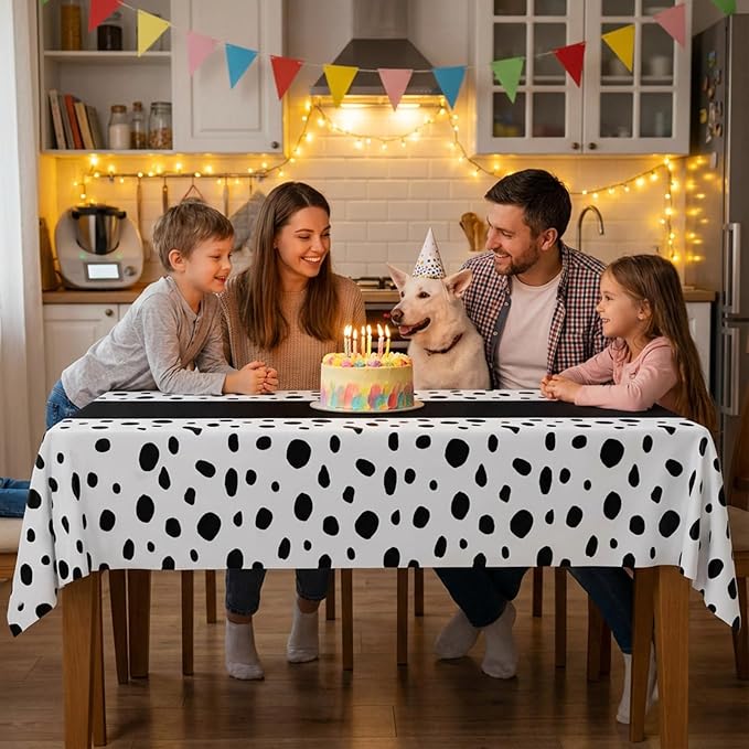 Irenare 6 Pcs Dalmatian Tablecloth Polka Dot Tablecloth Printed Table Runner Waterproof Disposable Art Table Cover for Birthday Wedding Picnic Tea Party Decoration, 54" x 108"(Black)