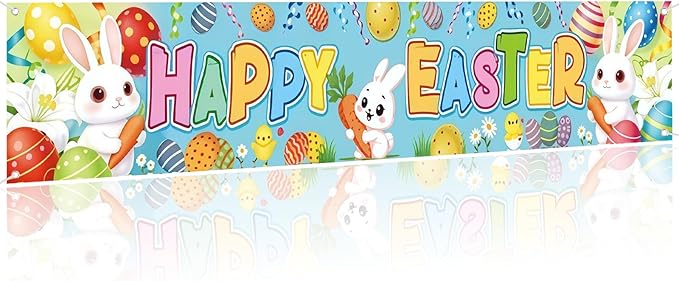 Happy Easter Banner 120x20 Inches, Easter Outdoor Decorations for Yard, Fence, Porch, Party, Durable Polyester Easter Bunting with Easy Hang Grommets for Indoor Outdoor Easter Party Supplies