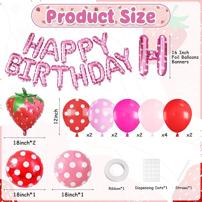 29PC Strawberry Happy Birthday Balloon Banner, 16Inch 3D Aluminum Letter Banner Sign, Red Hot Pastel Pink Printed Balloons 18 Inch Round Dot Foil Balloon for Fruit Strawberry Party Decoration