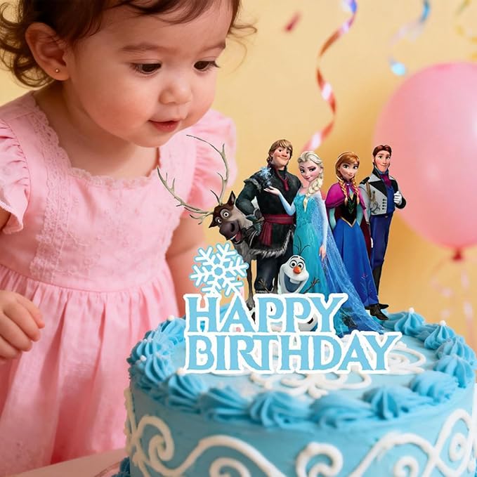 7Pcs Cute Blue Princess Birthday Cake Decorations，1 Large, 6 Small Snow Theme happy Birthday Cake Toppers，For Ice Birthday Party Supplies (B)