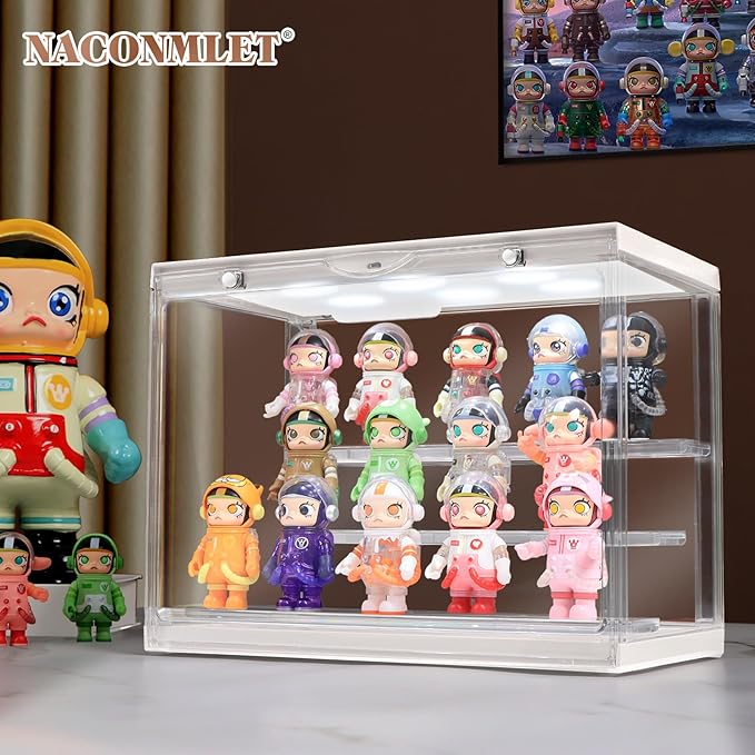 LED Acrylic Display Case for Collectibles, Cordless Power Stacking Showcase with 3-Tier Steps - Clear Dustproof Protector Box with Magnetic Door for Action Figures, Popmart, Funko pop
