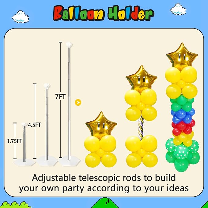 Super Bros Balloons Birthday Party Decorations Supplies Kids,Red Green Yellow Themed Backdrop Balloon Column Arch Garland Party Decor Kit for Boy Girl-226Pcs