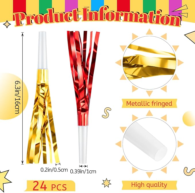 Sumind 24 Pcs Multicolor Noise Makers Glitter Noise Makers Metallic Fringed Party Blowers for Adults Birthday Graduation Sporting Events 2026 New Years Party Favor Supplies