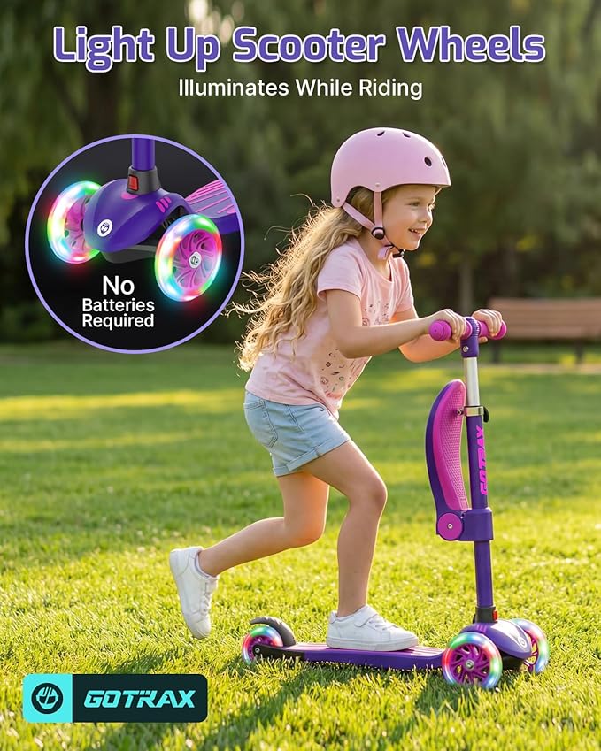 Gotrax KS3 Kids Kick Scooter, LED Lighted Wheels, Adjustable Height Handlebars and Removable Seat, Lean-to-Steer & Widen Anti-Slip Deck, 3 Wheel Scooter for Kids Ages 2-8 and up to 110 Lbs