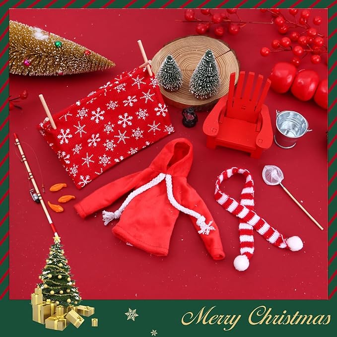 Christmas Elf Doll Accessories Set - 11Pcs Elf Doll Fishing Accessories Include Fishing Outfit Camping Accessories for Elf Dollhouse,Xmas Elf Clothes and Toy Accessories