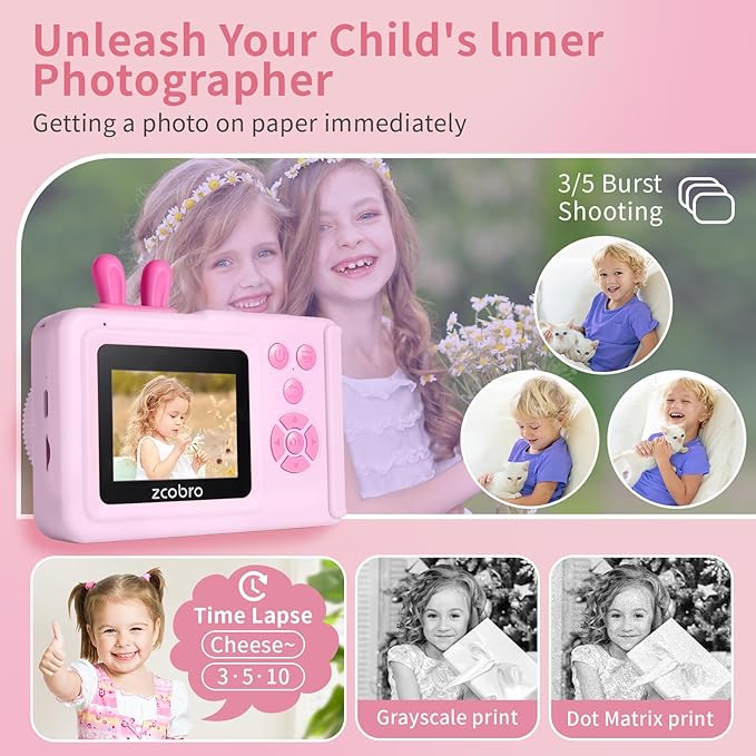 Kids Camera Instant Print for Boys and Girls Age 3-12, 1080P Kid Digital Camera with Print Paper Cameras for Kids Christmas Birthday Gifts Toy for Child 3 4 5 6 7 8 9 10 (Pink)