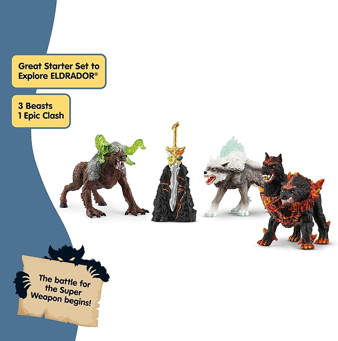 Schleich Eldrador Creatures - 5PC Fantasy Creature Set - Ice Wolf, Lava Hound, Rock Beast and Sword Figure Playset - Animal Monster Figurines for Boys and Girls - Durable Toys for Kids Ages 7+ | 72179