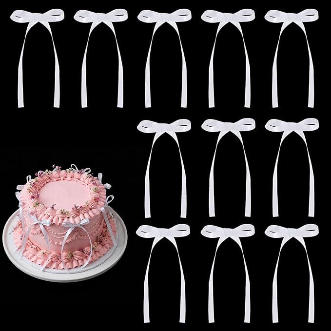 30 Pack Bow Cake Toppers White Ribbons Bows for Cake Bow Birthday Decorations Coquette Themed Bow Cupcake Topper for Bridal Wedding Baby Shower Bachelorette Party Mothers Day Decorations