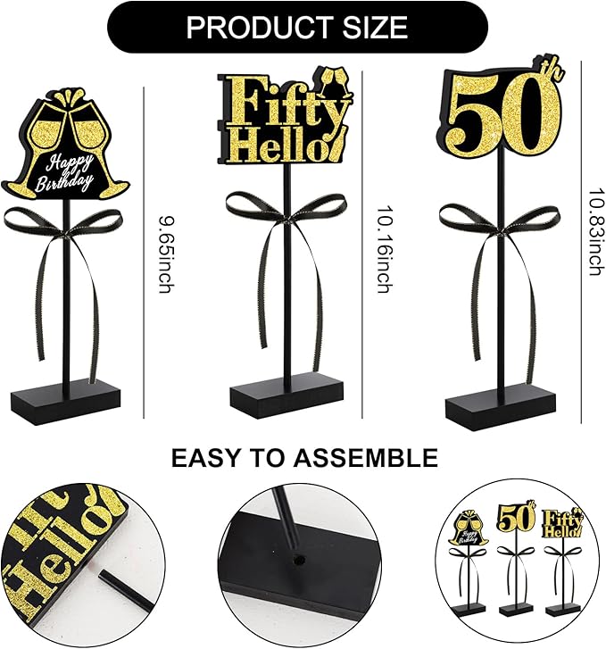 50th Black Gold Glitter Centerpieces for 50th Birthday Table Decorations,Wood Signs Happy Fifty Years Old B-Day Table Topper for Men and Women Birthday Party Supplies (3 Pcs)