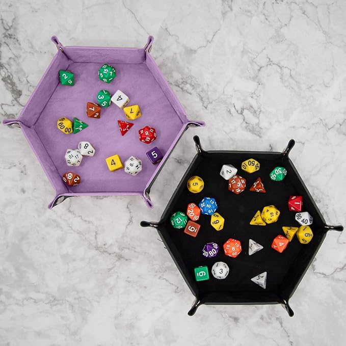 SIQUK 2 Pieces Dice Tray PU Leather Dice Trays Portable Folding Hexagon Dice Roller Tray for Dice Games Like RPG, DND and Other Table Games (Lilac, Black)