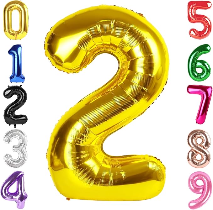 40 Inch Gold Number 2 Balloon, Giant 2 Number Balloons for 2nd Birthday Decorations, Party Supplies for Baby Boy Girl, Gold Party Decor