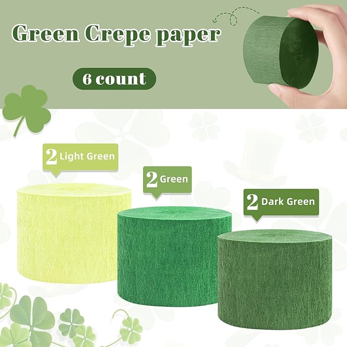 Green Streamers Party Decorations, 6 Rolls Crepe Paper for St Patricks Day Decorations Wedding Birthday Baby Shower Decorations Craft Supplies(1.8 Inch x 82Ft/Roll)