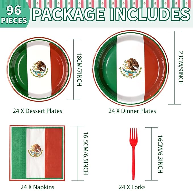 Grencian 96Pcs Mexico Flag Birthday Party Supplies Mexican Flag Party Plates Napkins Forks for Mexican Birthday Party Mexican Independence Day Decorations, Serves 24