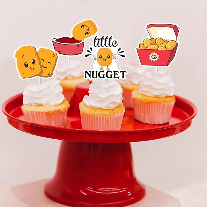 Cheereveal 24Pcs Chicken Nugget Cake Decorations, Little Nugget Cupcake Toppers, Fast Food Fried Chick Theme Birthday Baby Shower Cake Picks Party Supplies