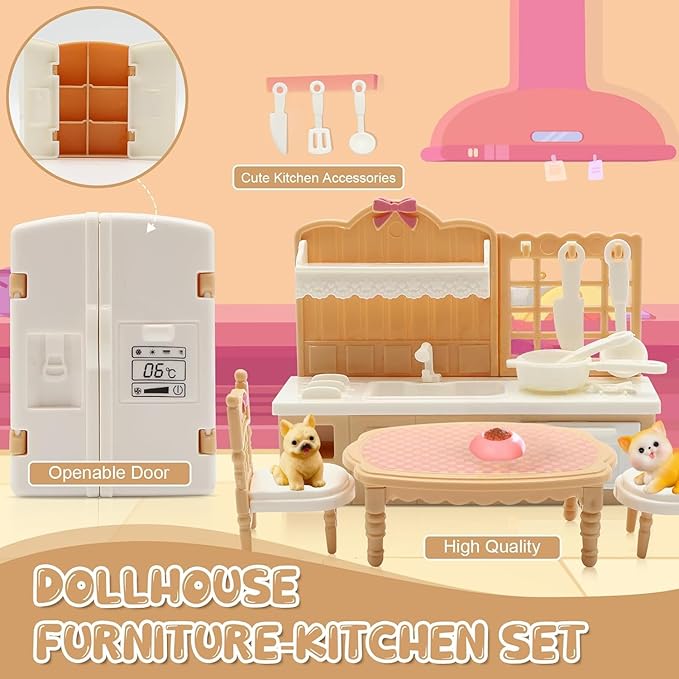 36Pcs Dollhouse Furniture Set,Miniature 1:12 Scale Dolls House Accessories with Cat,Dog,Kitchen, Dining Room, Living Room,Bedroom for Playhouse Toy(Beige)
