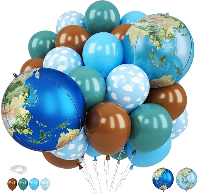 Earth Balloons, 12 Inch Dusty Blue Coffee Cloud Print Balloon with Earth Globe Foil Balloons for Boys Travel Theme Space Theme Party Earth Day Retirement Party Decorations