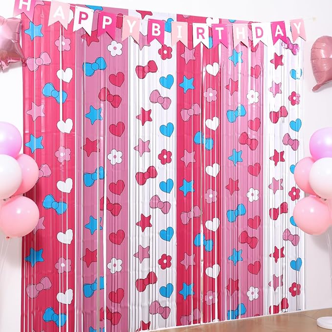 Adorable Kawaii Cat Party Decor Kit with 15 Balloons - 2 Pack 3.3x6.6ft Tinsel Foil Fringe Curtains Backdrop, Photo Booth Bows, Girls’ Birthday Party Supplies Room Decor (Pink/White)