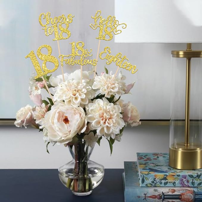 15PCS Happy 18th Birthday Centerpiece Sticks Hello 18 Fabulous Table Flower Centerpieces Sticks Eighteen Cheers to 18 Years Floral Decoration for Happy 18th Birthday Party Centerpieces Sticks Gold