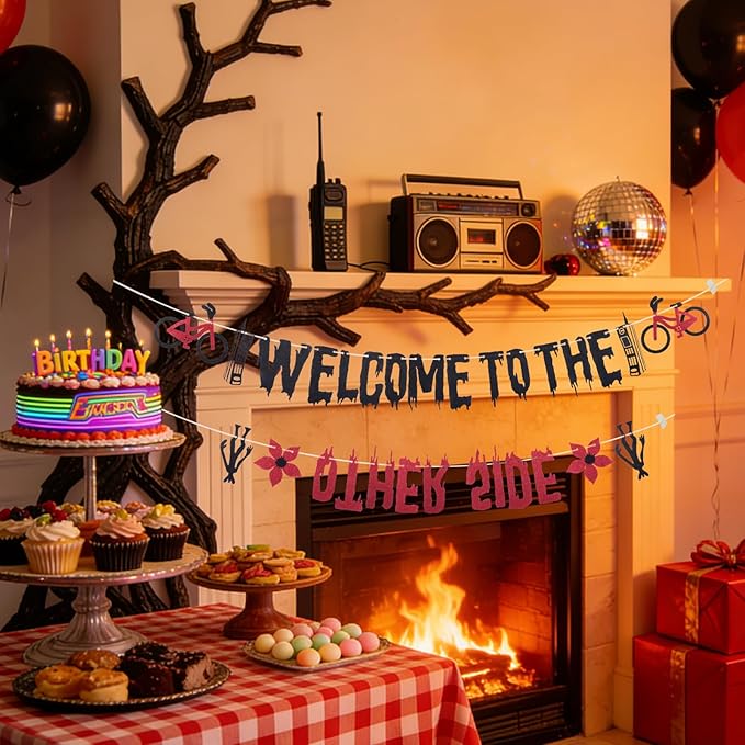 Glitter Welcome to the Other Side Banner for Birthday Party Decorations Upside Down Banner Stranger Party Decorations for Boys Girls Spooky Theme Party Supplies Birthday Backdrop Wall Decors Photo Props
