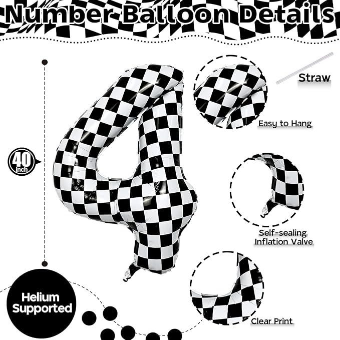 Large Foil Number 4 Balloons, 40 Inch Black and White Checkered 4 Balloon for Boys, Helium Self Inflating Checkered Racing 4 Balloons for Kids Girl 4th Birthday Race Car Flag Party Decoration Supplies