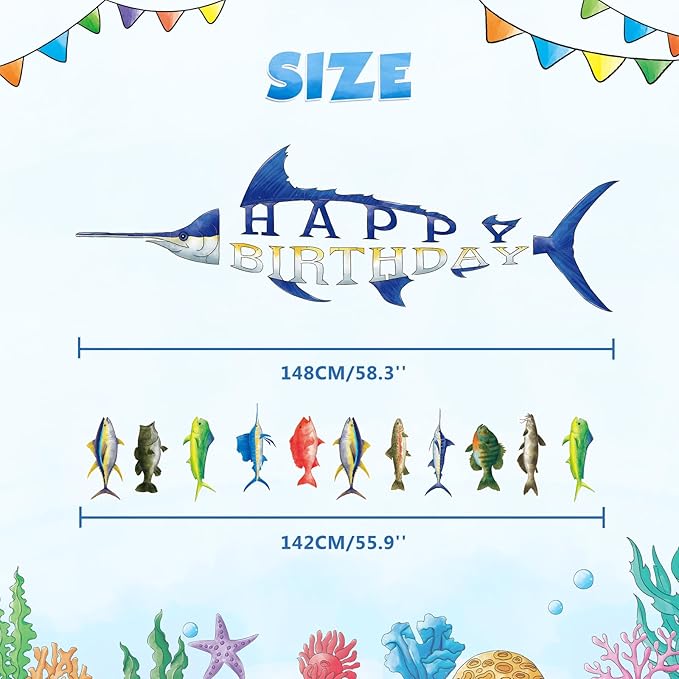 WERNNSAI Fishing Happy Birthday Party Banner - Gone Fishing String Hanging Banner with Pre-strung Fishing Banner Supplies for Boys Litter Fisherman Birthday Party Hanging Wall Decorations