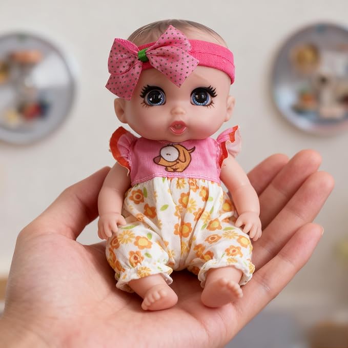 6" Cute Small Baby Doll Newborn Baby All Vinyl Reborn Baby Dolls for Girls Swivel Mini Dolls 16 cm Crying Baby DIY Toys for Ages 3+(Pink)