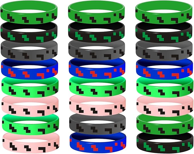 Pixel Theme Party Favors, 24 Pieces Silicone Bracelets Small Size,Birthday Decorations Party Supplies,Mining Goodie Bags Stuffers,Prizes Valentines Day Gifts for Kids Classroom