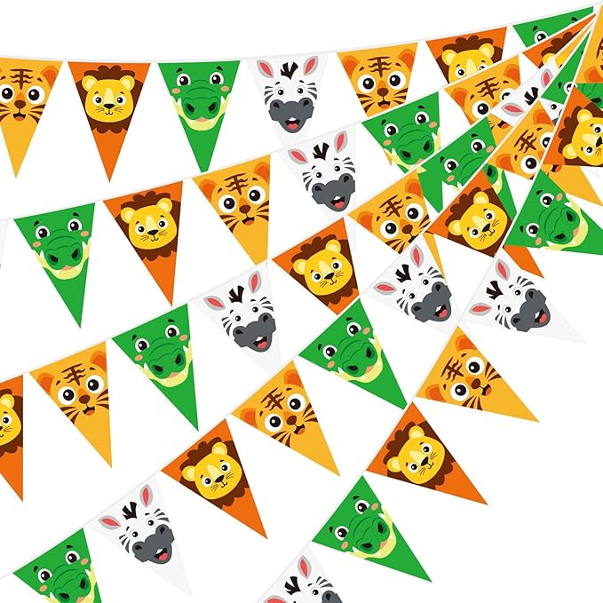 HESTYA 5 Pcs 49 Ft Safari Party Decorations Pennant Banner, Pre-Assembled Animal Print Jungle Theme Birthday Supplies, Large Triangle Flag Bunting Garland for Baby Shower Indoor Outdoor Hanging