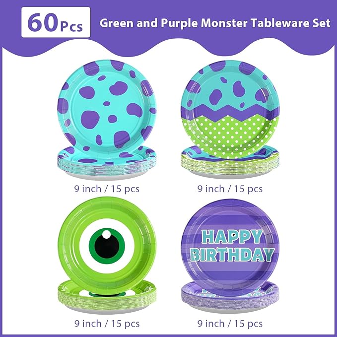 Grencian 60Pcs Monster Birthday Party Paper Plates -Monster Birthday Party Supplies 9" Disposable Green and Purple Cartoon Paper Plates for Monster Theme Par-ty Decorations
