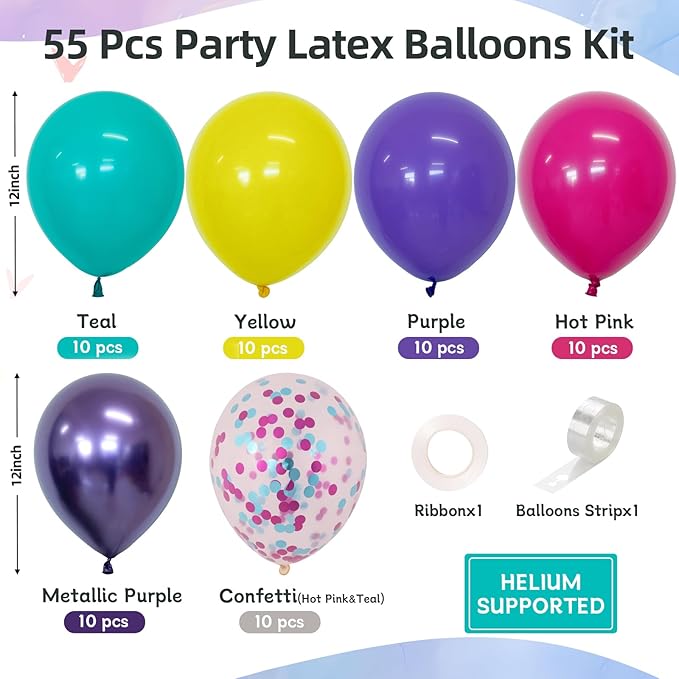 Pink Blue Purple Balloons 60 Pcs 12 Inches Hot Pink Metallic Purple Yellow Confetti Balloons for Kid's Theme Birthday Decoration Baby Shower Girls Party Supplies