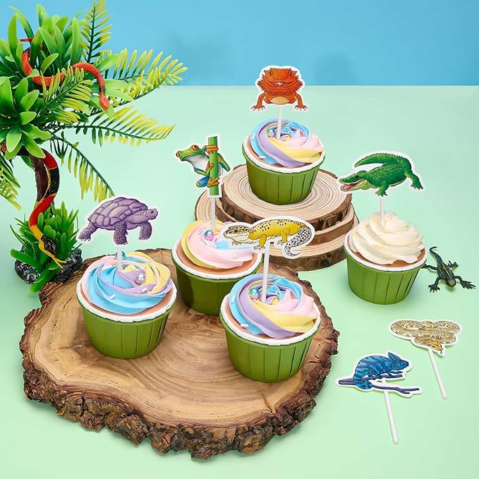 WERNNSAI 35 PCS Reptile Cupcake Toppers - Reptile Birthday Party Decorations for Kids Boys Snake Frog Cake Toppers Reptile Party Leopard Gecko Dessert Cake Insert Jungle Camping Cupcake Supplies