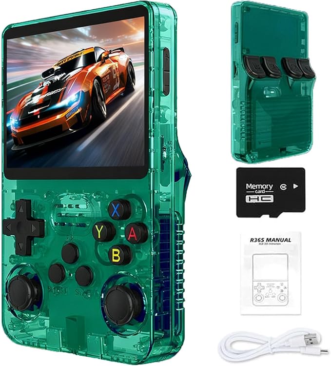 Retro Handheld Game Console R36S, 3.5-Inch HD IPS Screen 3200mAh Battery, 128G Built-in 20000+ Games 20+ Emulators, HDMI TV Output for Classic Game Play (Transparent Green +64G)