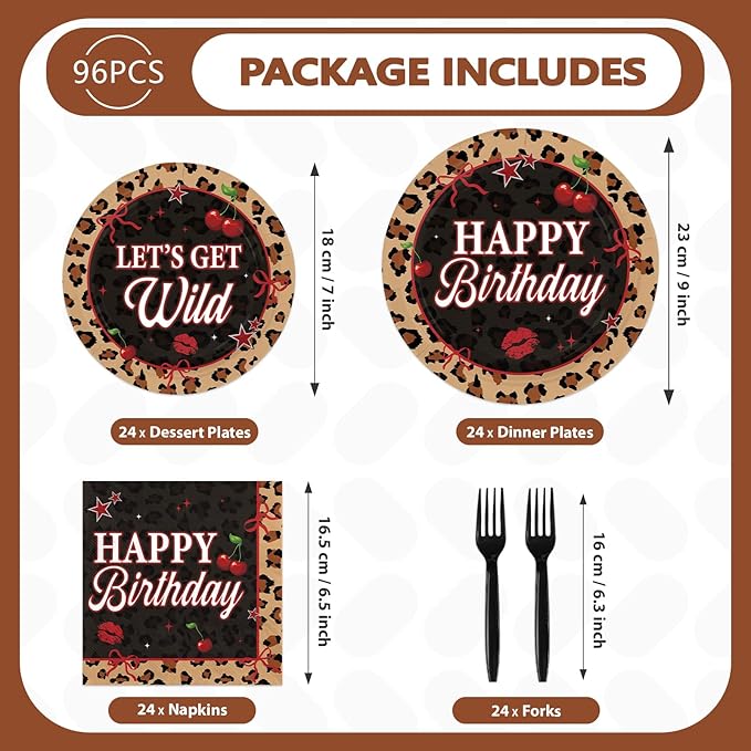 96Pcs Cheetah Print Birthday Decorations Cherry Leopard Plates and Napkins Tableware Sets Red Black Cheetah Platters for Leopard Safari Theme Girls Women Birthday Baby Shower Supplies Serves 24
