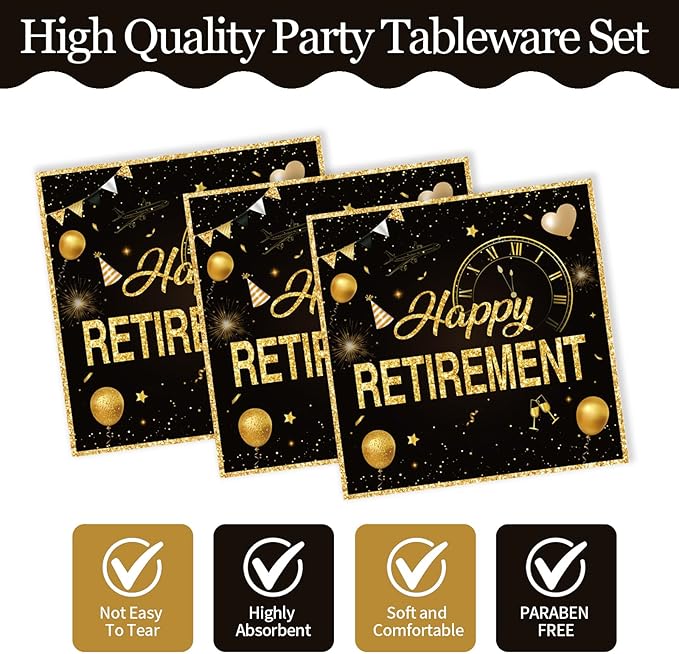 72Pcs Retirement Plates and Napkins, Black Gold Happy Retirement Party Decorations Paper Plates and Napkins with Forks Disposable Tableware Set for Men Women