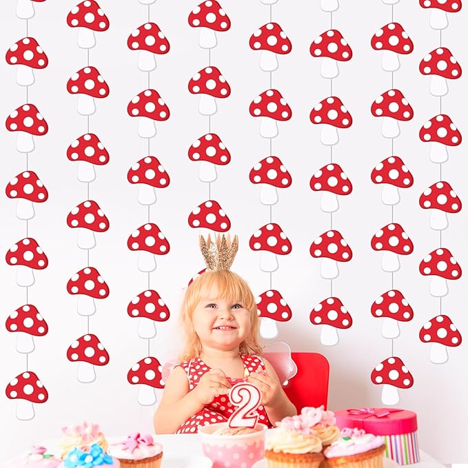 8 Pcs Mushroom Party Decorations Red Mushroom Shaped Garland Banner Forest Jungle Wonderland Paper Cutouts for Fairy Baby Shower Wild Birthday Party Favors Supplies