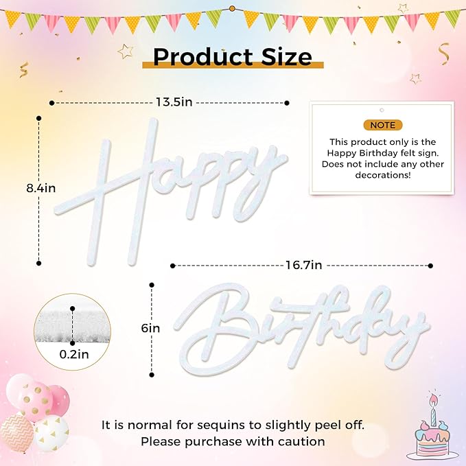 Babenest Flash White Felt Happy Birthday Sign - Reusable Strong Adhesion Banner for Backdrop, Balloon Arch Decor, Reception Party Supplies Birthday Party Baby Shower Decorations