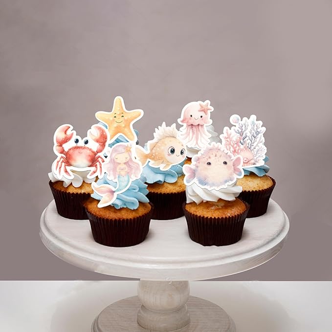 60 PCS Edible Ocean Animal Cupcake Toppers Sea Ocean Birthday Cake Decorations Edible Turtles Octopus Seahorse Crab Starfish Mermaid Cupcake Picks for Under the Sea Theme Baby Shower Party Supplies