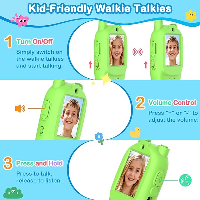 Video Walkie Talkies for Kids, 2 Pack Rechargeable Real-Time Video Chat & Voice Changer Walkies Talkies with Watch Straps, Long Range Family Games, Outside, Gifts for Boys Girls Ages 3-12 Green