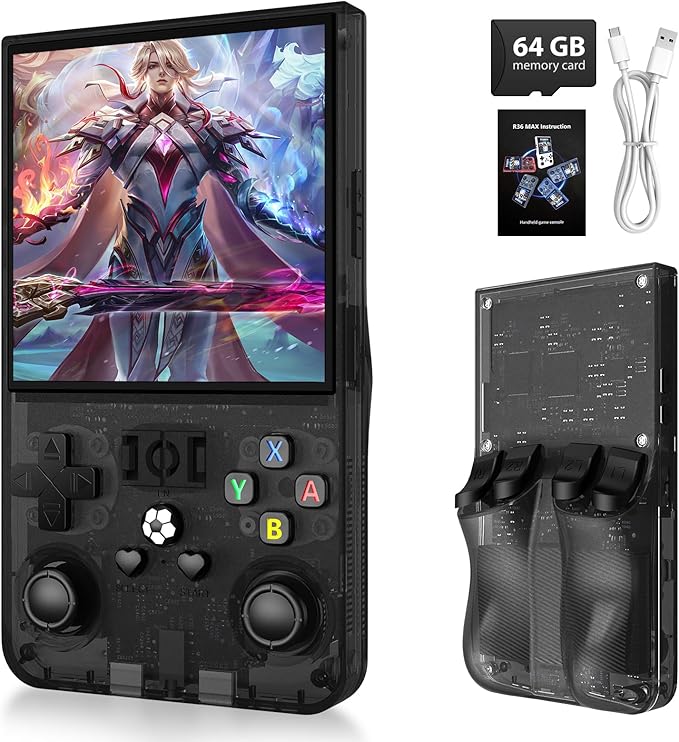 R36MAX Handheld Game Console,4.0 Inch IPS Screen Linux System with 64GB TF Card,Retro Gaming Console,Retro Game Console for Adults,4000mAh Battery (Black)