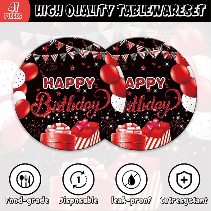 41pcs Black and Red Party Decoration,Black Red Birthday Party set Include dessert plate,Napkin and Tablecloth,Used for Black and Red Birthday Party Supplies