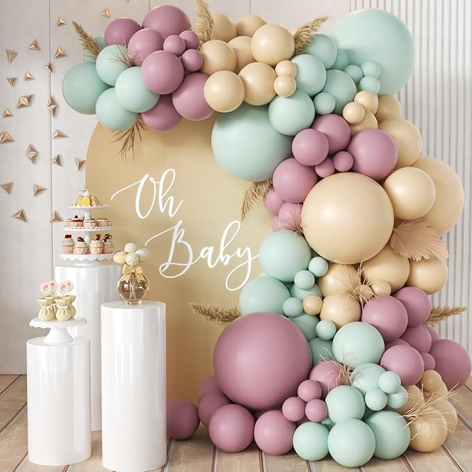 Dusty Green Purple Nude Balloon Arch Kit, 155Pcs Mist Green Pstel Lavender Blush Neutral Balloons Garland for Baby Shower Wedding Birthday Gender Reveal Party Decoration