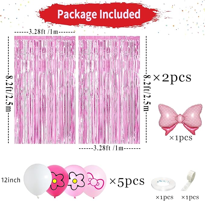 23Pcs Cartoon Cat Birthday Decorations, Pink 3.3x8.2ft Tinsel Foil Fringe Curtains Banners and Cute Bow tie Balloons for Cute Cat Theme Birthday Party Decorations Boys and Girls Party Supplies