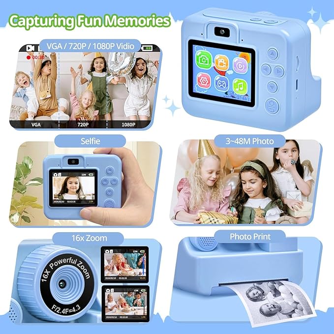Kids Camera Instant Print, Christmas Birthday Gifts for Kids Age 3-12, Selfie Digital Camera with 1080P Videos,Toddler Portable Travel Camera Toy for 4 5 6 7 8 9 Year Old Boys (Blue)