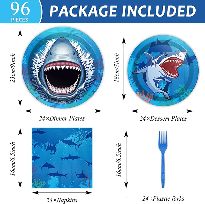 24 Guests Shark Theme Party Decorations Under the Sea Party Tableware Set Shark Baby Shower Plates Napkins and Forks Ocean Birthday Table Decorations Supplies 96Pcs
