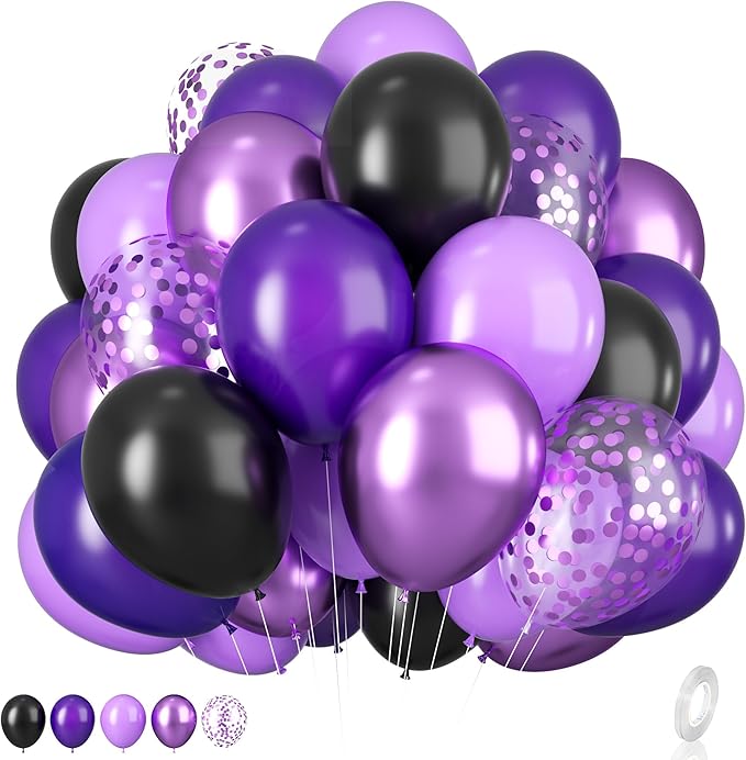 Purple and Black Balloons, 12 Inch Metallic Purple Dark Purple Black Balloons with Purple Confetti Latex Balloons for Halloween Birthday Wedding Graduations Balloons Party Decorations