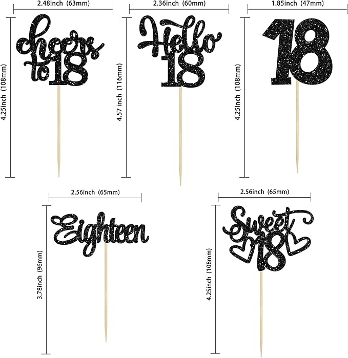 30Pcs18th Birthday Cupcake Toppers Eighteen Happy 18th Cupcake Picks Sweet 18 Cheers to 18 Cake Decorations for 18th Birthday Anniversary Party Supplies Black Glitter