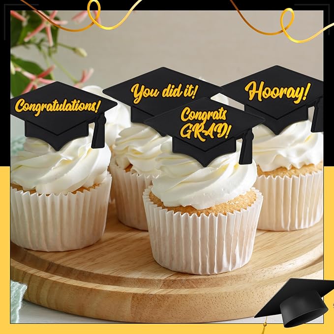 Chuangdi 48 Pieces Graduation Hat Sayings Cupcake Rings 2026 Congrats Grad Cupcake Toppers Rings Black Hat Cake Decorations for Graduation Party Supplies, 4 Styles